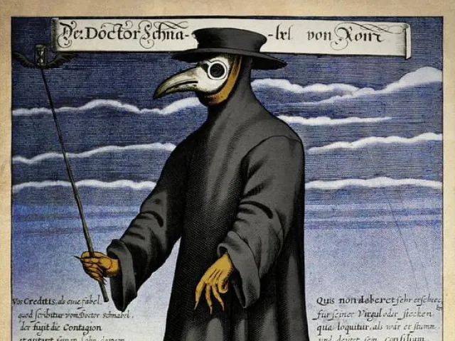 Kupferstichbild mit der Abbildung eines Pestdoktors