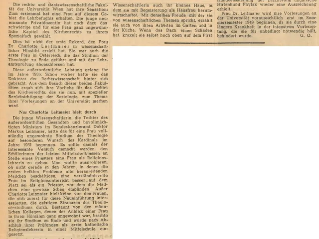 Zeitungsartikel "Privatdozentin, Mittelschullehrerin und Hausfrau", aus: Wiener Kurier, 19. August 1948