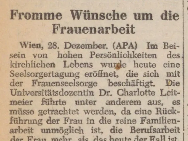 Zeitungsartikel "Fromme Wünsche um die Frauenarbeit", aus: Die neue Zeit, 29. Dezember 1953 
