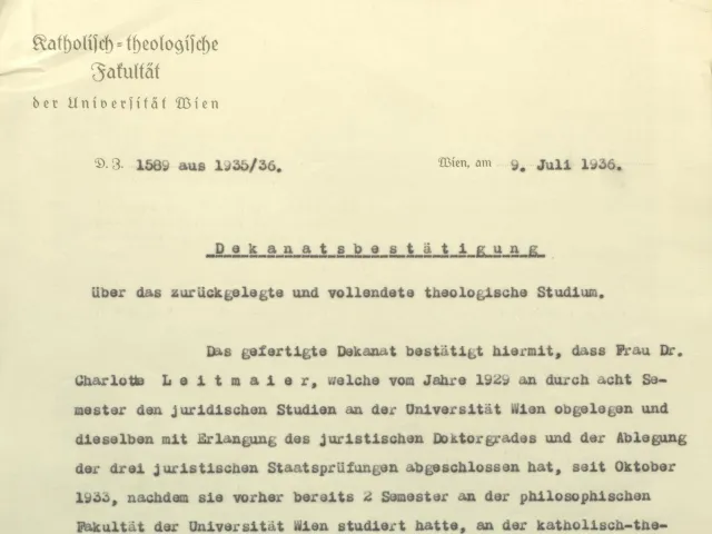 Dekanatsbestätigung für Charlotte Leitmaier über das vollendete theologische Studium, 9. Juli 1936