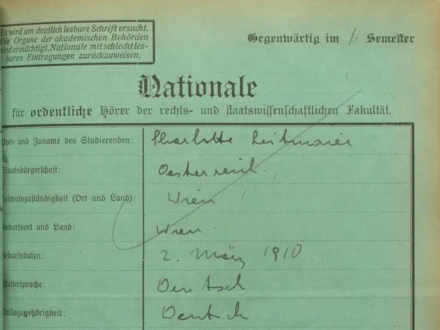 Nationale (Inskriptionsblatt) von Charlotte Leitmaier aus ihrem ersten Studiensemester an der Rechts- und Staatswissenschaftlichen Fakultät, Wintersemester 1928/29