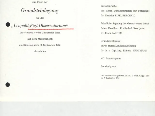 Einladung zur Grundsteinlegung für das Leopold Figl-Observatorium am Mitterschöpfl am 13. September 1966