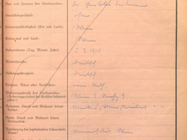 Nationale (Inskriptionsblatt) von Charlotte Leitmaier aus ihrem ersten Studiensemester an der Katholisch-Theologischen Fakultät, Wintersemester 1933/34