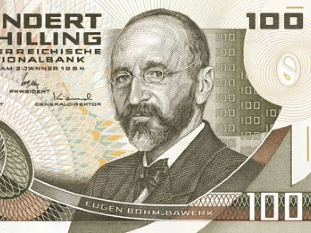 Eugen Böhm von Bawerk auf der Vorderseite der 100 Schilling-Note (1985)