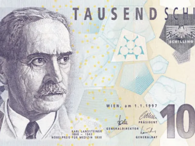 Karl Landsteiner auf der Vorderseite der 1000 Schilling-Note (1997)