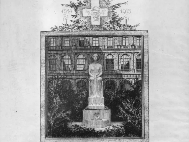 Weihnachtsgabe des Verwundetenspitals der k. k. Universität Wien 1915: Gedenkblatt mit Abbildung des Kastaliabrunnens im Ark…