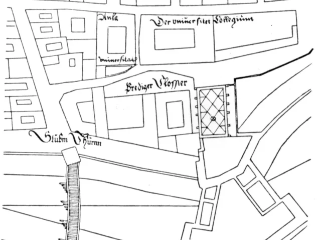Alte Universität (Herzogskolleg und später entstandene Universitätsbauten) im Stadtplan von Bonifaz Wolmuet (Detailansicht),…