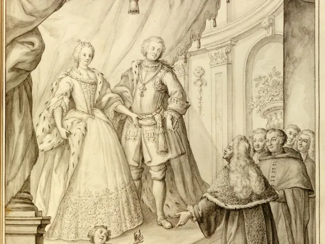 Rektor Johannes Joseph Fraisl und die vier Dekane überbringen Maria Anna von Habsburg und Karl Alexander von Lothringen ihre…