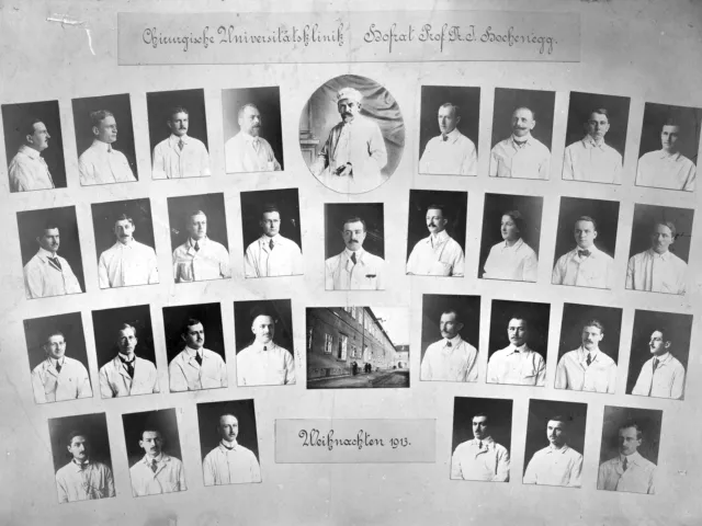 Bildtafel der Mitarbeiter*innen der chirurgischen Universitätsklinik von Hofrat Dr. Julius von Hochenegg, Wien, Weihnachten…