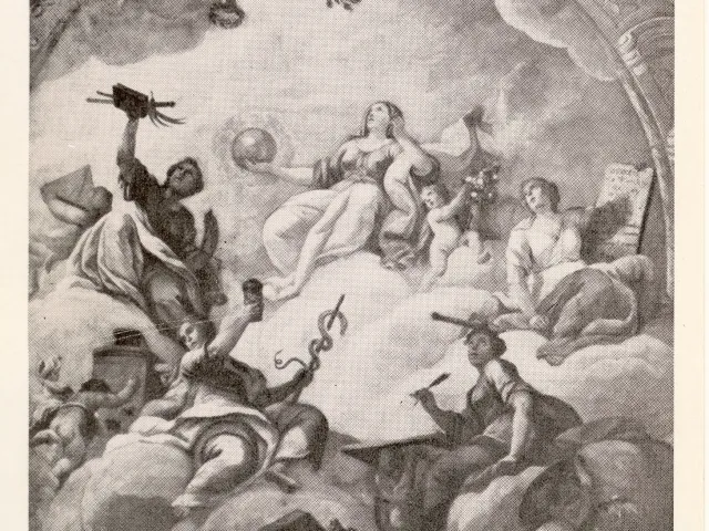 Allegorie der profanen Wissenschaften, Ausschnitt aus dem Deckenfresko des Bibliothekssaales des Akademischen Kolleg (1734),…
