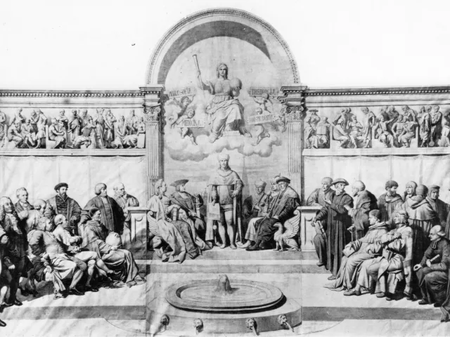 Allegorie zur Fünfhundertjahrfeier 1865: Die Förderer und berühmtesten Lehrer der Universität Wien