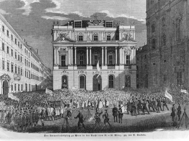 Der Universitätsplatz in der Nacht vom 13. zum 14. März 1848