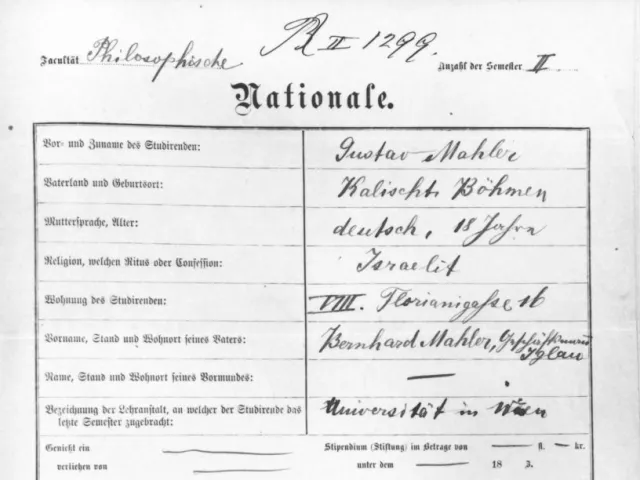 Gustav Mahlers eigenhändig geschriebenes Inskriptionsblatt der Universität Wien, Sommersemester 1878, für Anton Bruckners Vo…