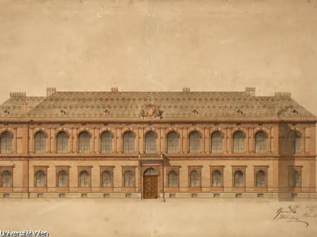 Plan von Heinrich von Ferstel, Das Chemische Institutsgebäude, Hauptfassade