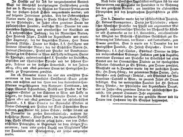 Zeitungsbericht zur Wahl des Rektors und anderer Funktionäre, Wiener Zeitung, 13. Dezember 1825
