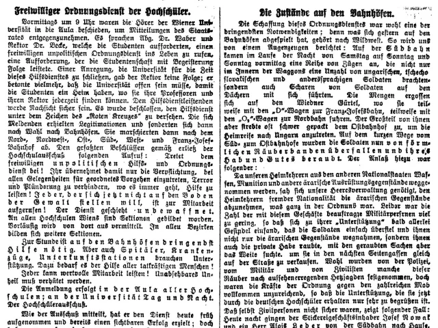 „Freiwilliger Ordnungsdienst der Hochschüler“, Zeitungsartikel in Reichspost vom 4. November 1918