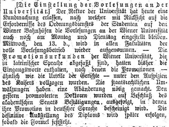 „Die Einstellung der Vorlesungen an der Universität“, Zeitungsartikel in Neue Freie Presse vom 10. November 1918