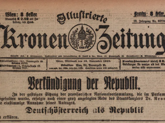 „Verkündigung der Republik“, Schlagzeile der Illustrierten Kronen Zeitung vom 13. November 1918