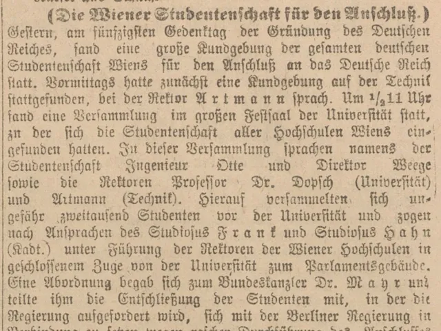 „Die Wiener Studentenschaft für den Anschluß“, Zeitungsartikel in Neues Wiener Journal vom 19. Oktober 1921