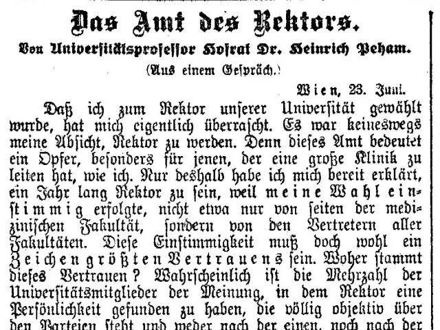 Zeitungsartikel: Rektor Heinrich Peham über „Das Amt des Rektors“