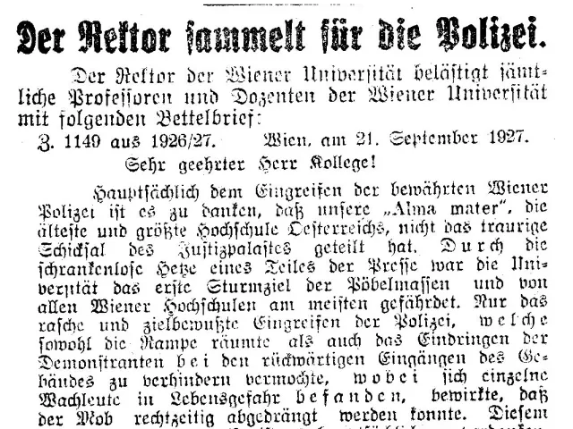 „Der Rektor sammelt für die Polizei“, Zeitungsartikel in „Arbeiter-Zeitung“ vom 25. September 1927