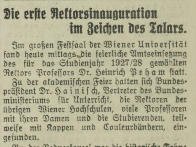 Zeitungsartikel: Erste Rektorsinauguration im Talar (Rektor Heinrich Peham)