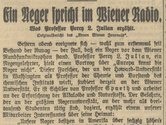 Zeitungsbericht über den Radio-Vortrag von Percy Julian, Neues Wiener Journal 1931