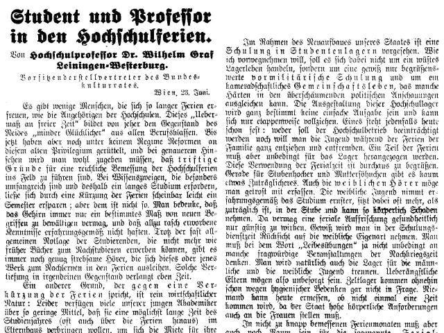 „Student und Professor in den Hochschulferien“, Zeitungsartikel in Neue Freie Presse vom 23. Juni 1935