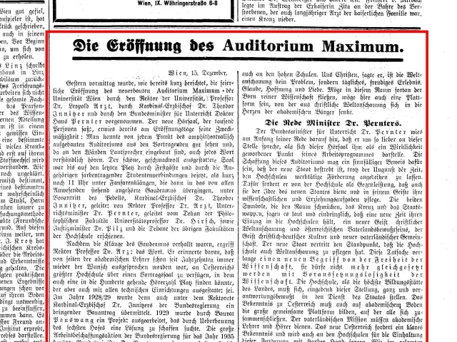 Bericht über die Eröffnung des Auditorium Maximum in der Neuen Freien Presse, 15. Dezember 1936