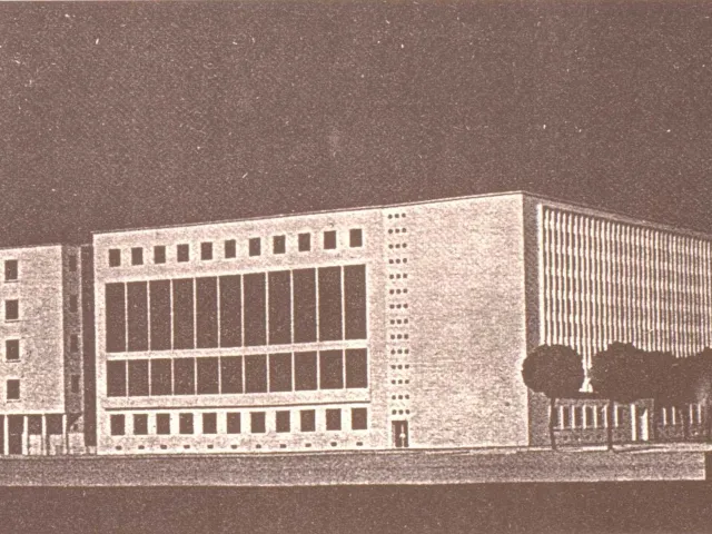1951 Universitätsbibliothek Neubau, Modellansicht (Arch. Nobis/Dreier, Wettbewerbssieger) – unrealisiert