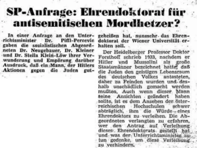 Zeitungsartikel über die Verleihung des Ehrendoktorats an Ernst Forsthoff: „SP-Anfrage: Ehrendoktorat für antisemitischen Mo…