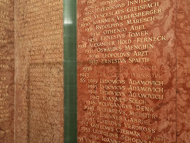Die eingemeißelten Namen der Rektoren der NS-Zeit, Knoll und Pernkopf, nach Entfernung der Vergoldung, Kunstinstallation „Re…