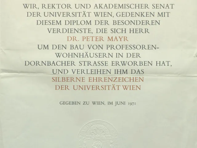 Urkunde zur Verleihung des Ehrenzeichens an Peter Mayr (Probedruck)