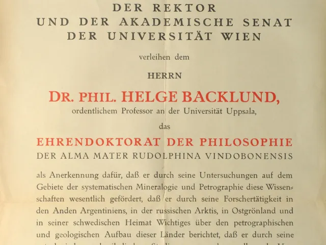 Probedruck des Ehrendiploms für Helge Backlund