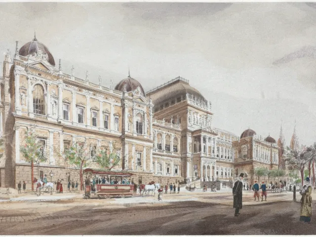 Das Hauptgebäude der Universität Wien im Entwurfsstadium etwa 1873, kolorierte Lithografie
