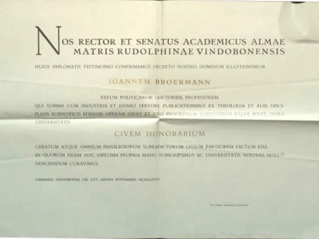 Ehrenbürgerdiplom Johannes Broermann, 1982