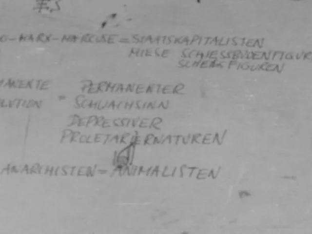 Graffitis gegen linke Studierende auf einem Pult des Hörsaals 1 des NIG, 1968