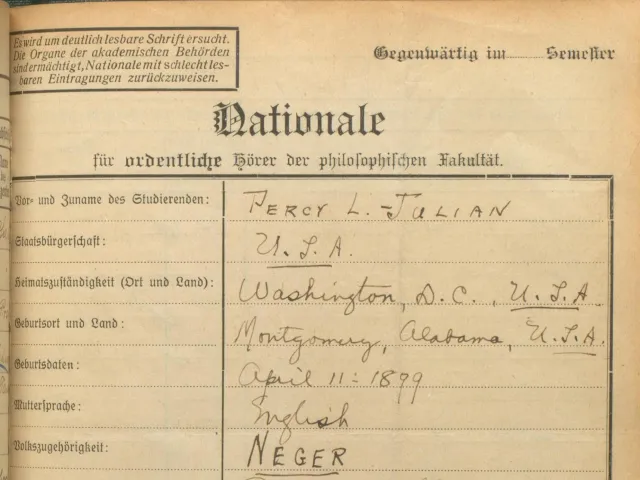 Vorderseite des „Nationale“ (Inskriptionsschein) von Percy Lavon Julian, Sommersemester 1930