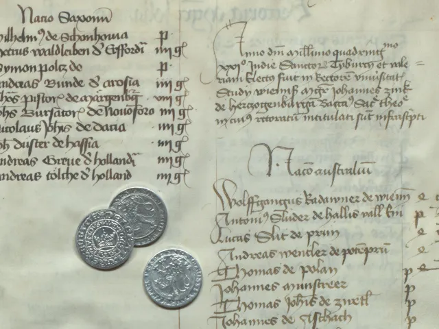 Matrikeleinträge 1421 mit drei böhmischen Groschen