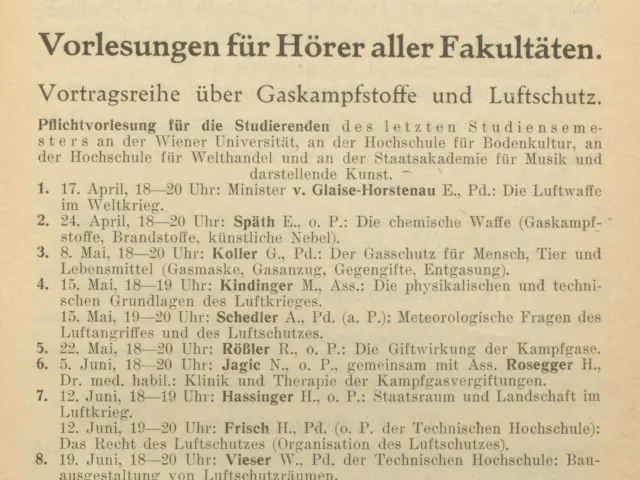 Ankündigung: Vortragsreihe über Gaskampfstoffe und Luftschutz, Sommersemester 1939