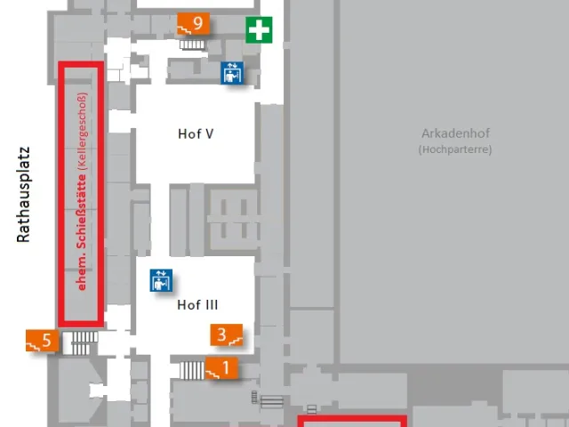 Planskizze: ehemaliger Standort der Schießstätte und der Turnsäle im Hauptgebäude der Universität Wien