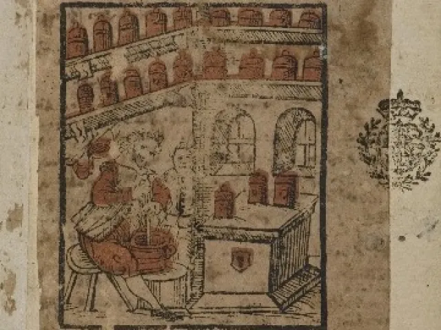 Titelbild von Hieronymus Braunschweigk und Michael Schrick, „Apoteck für den gemeinen Mann“, Erfurt 1619.