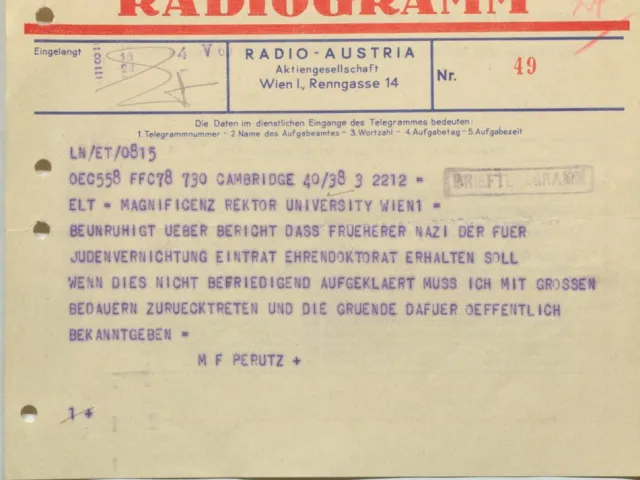 Telegramm von Max Ferdinand Perutz an Rektor Karl Fellinger, 4. Mai 1965