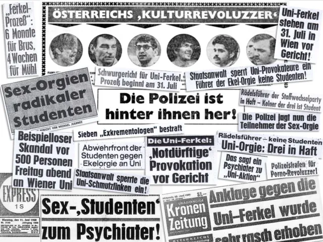 Schlagzeilen zur Aktion „Kunst und Revolution“ in österreichischen Tageszeitungen
