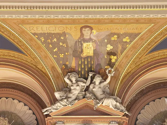 Zwickelbild „Religionswissenschaft“, Detailansicht des Deckengemäldes im großen Festsaal im Hauptgebäude der Universität Wien
