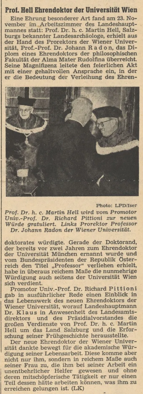 Zeitungsbericht: "Prof. Hell Ehrendoktor der Universität Wien", in: Salzburger Landes-Zeitung vom 1. Dezember 1955
