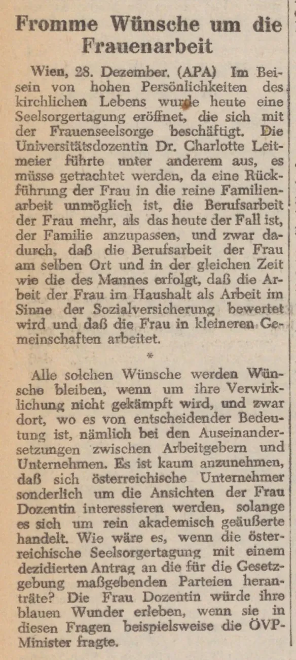 Zeitungsartikel "Fromme Wünsche um die Frauenarbeit", aus: Die neue Zeit, 29. Dezember 1953 