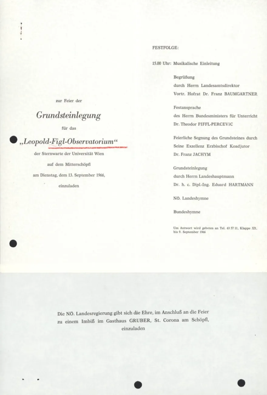 Einladung zur Grundsteinlegung für das Leopold Figl-Observatorium am Mitterschöpfl am 13. September 1966