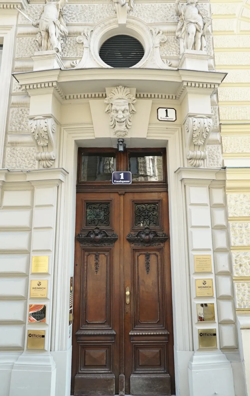 Wien 9, Frankgasse 1, Eingangstür, historistisches Dekor