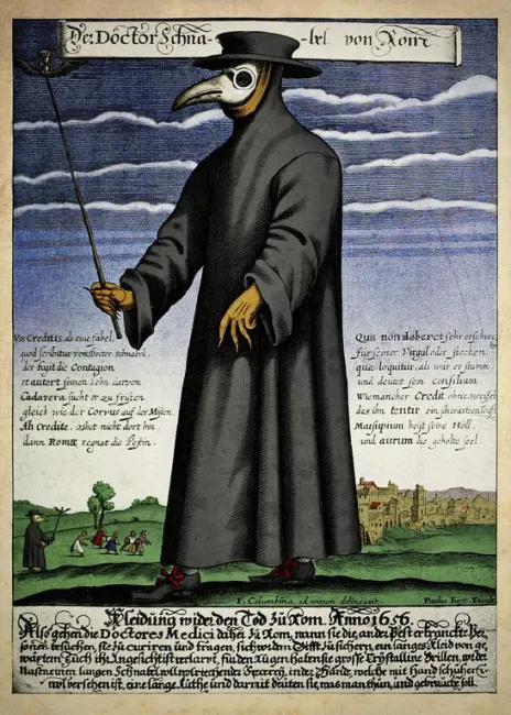 Kupferstichbild mit der Abbildung eines Pestdoktors